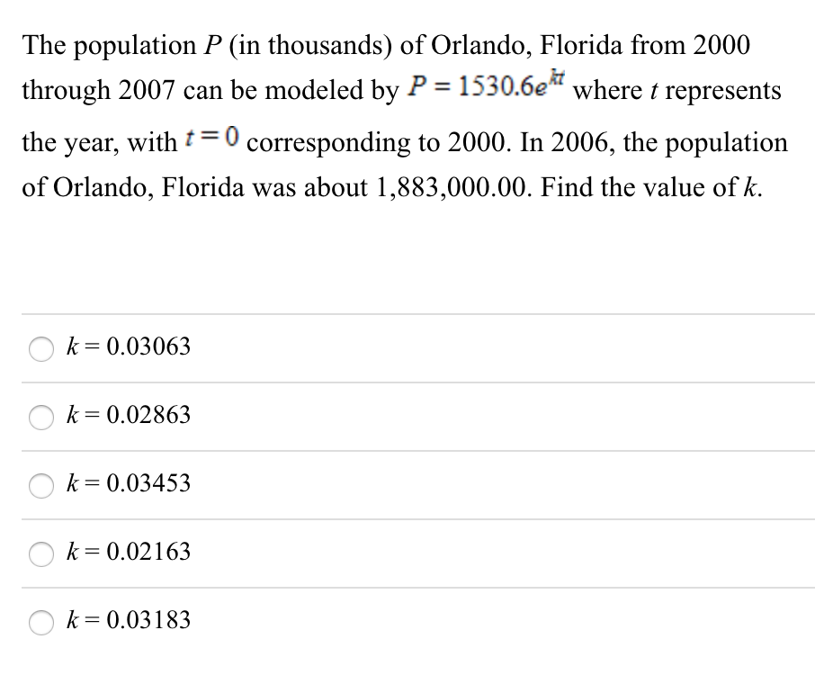 Solved The population P (in thousands) of Orlando, Florida