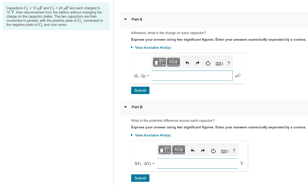 Solved Capacitors C1 = 10 pF and C2 = 20 uF are each charged | Chegg.com
