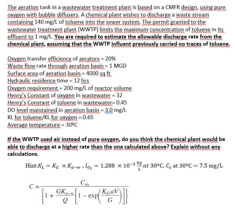 Solved The aeration tank in a wastewater treatment plant is
