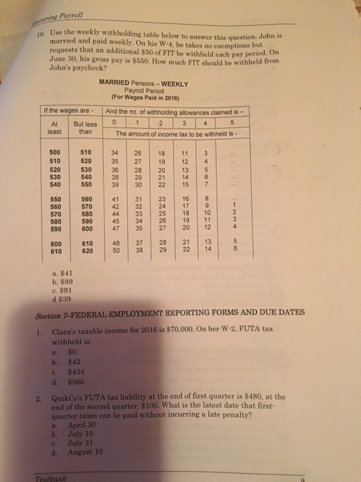 Solved Payroll 1O Use The Weekly Withholding Table Below To Chegg