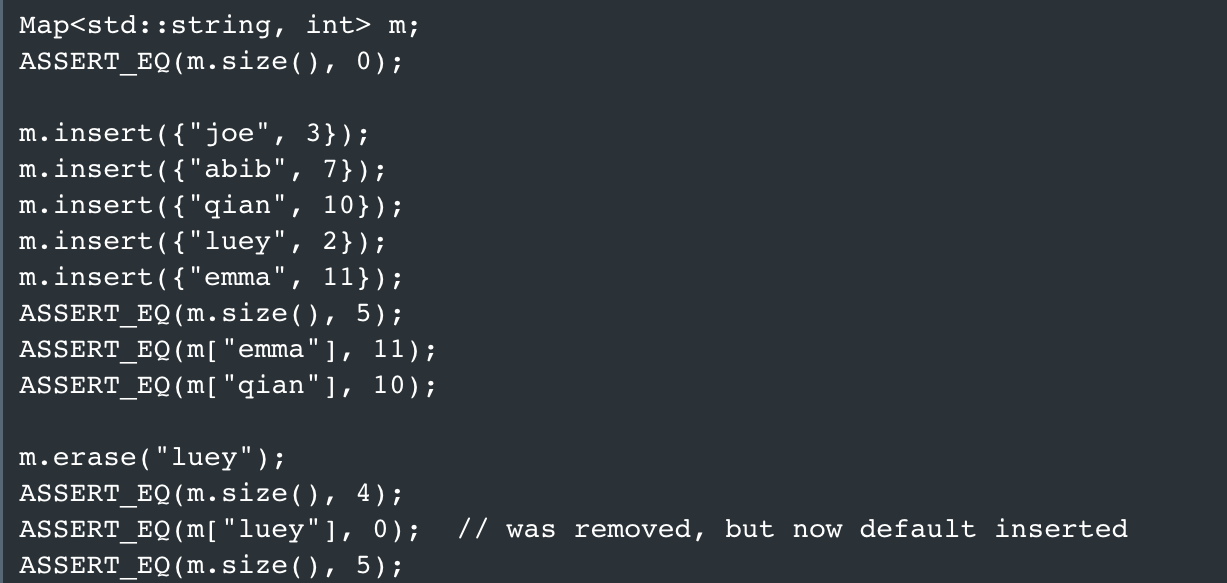 Solved Map m; ASSERT_EQ(m.size(), 0); .insert({1,23}); | Chegg.com