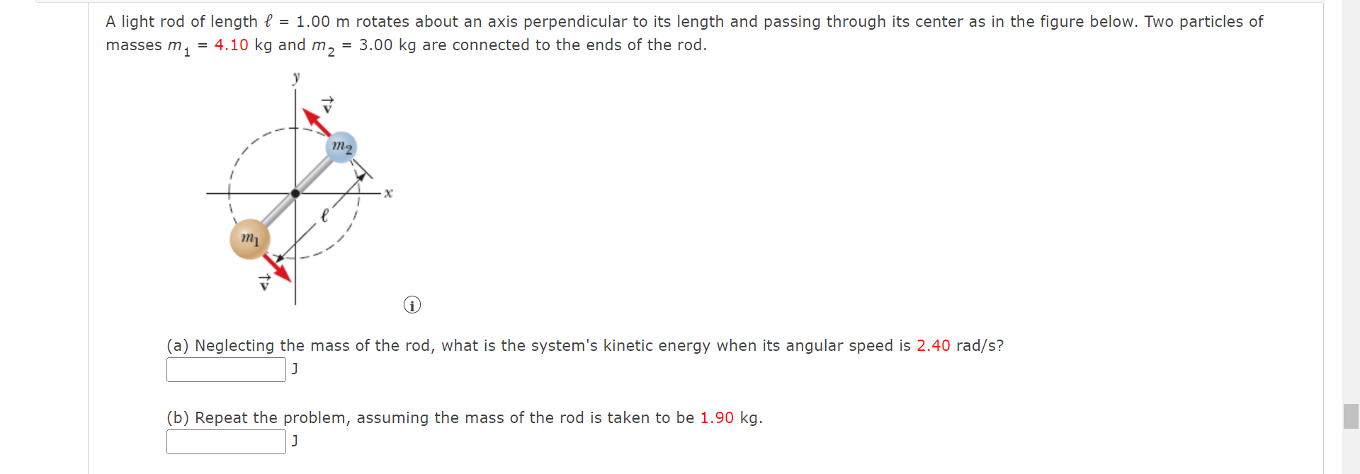 Solved A light rod of length f = 1.00 m rotates about an | Chegg.com