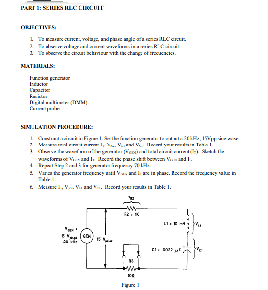 Solved PART 1: SERIES RLC CIRCUIT OBJECTIVES: 1. To measure | Chegg.com