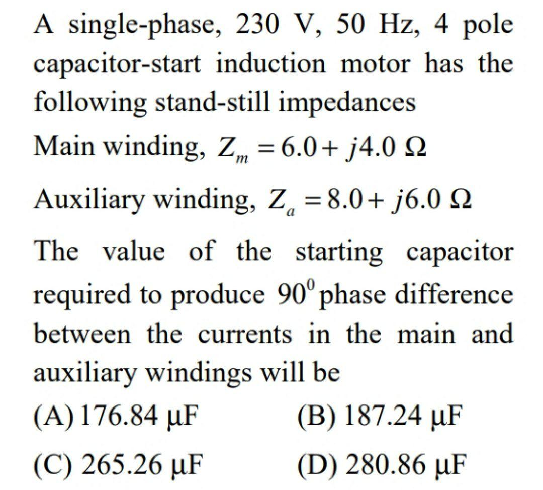 Solved A single-phase, 230 V, 50 Hz, 4 pole capacitor-start | Chegg.com