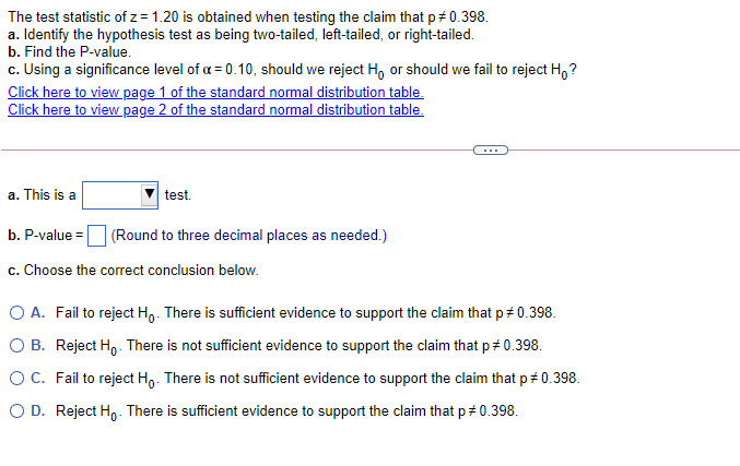 Solved The test statistic of z = 1.20 is obtained when | Chegg.com