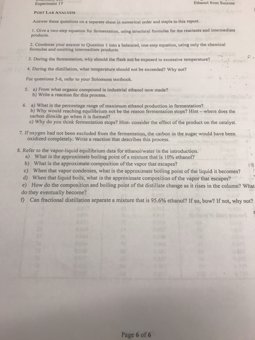 Solved Ethanol from Sucrose Experiment 17 POST LAB ANALYSIS