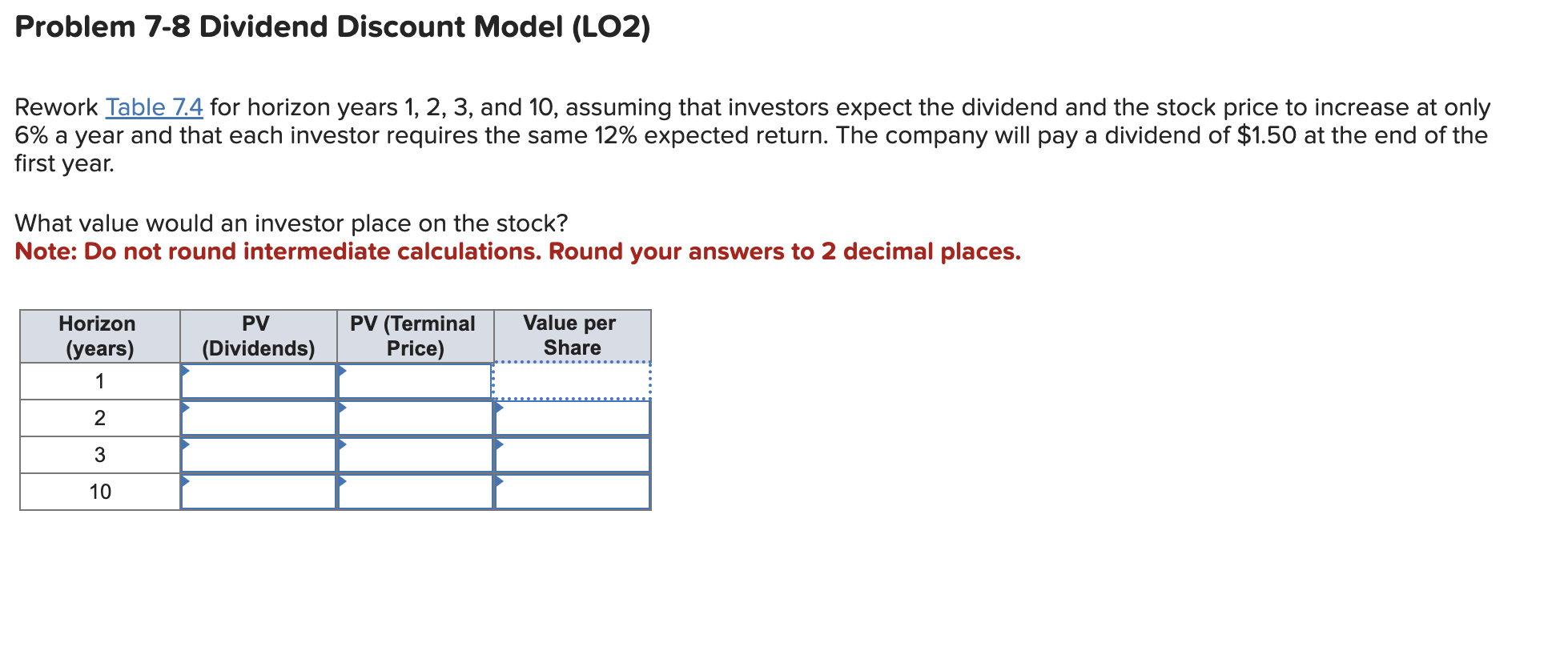 Solved Problem 7-8 Dividend Discount Model (LO2) Rework | Chegg.com