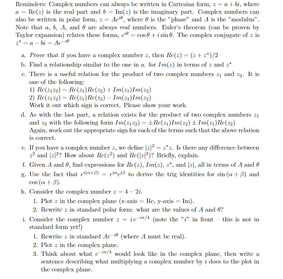 Solved 2 Reminders: Complex numbers can always be written in | Chegg.com