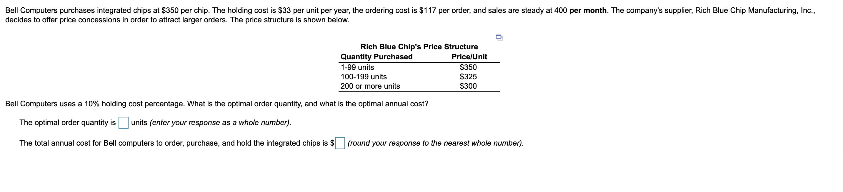 Solved Bell Computers purchases integrated chips at $350 per | Chegg.com