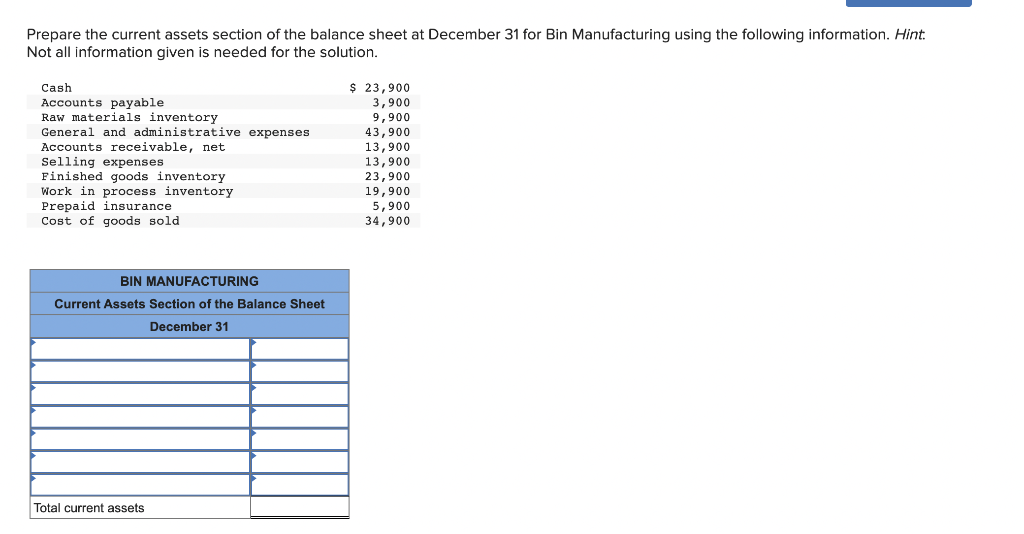 Solved Prepare The Current Assets Section Of The Balance Chegg Com