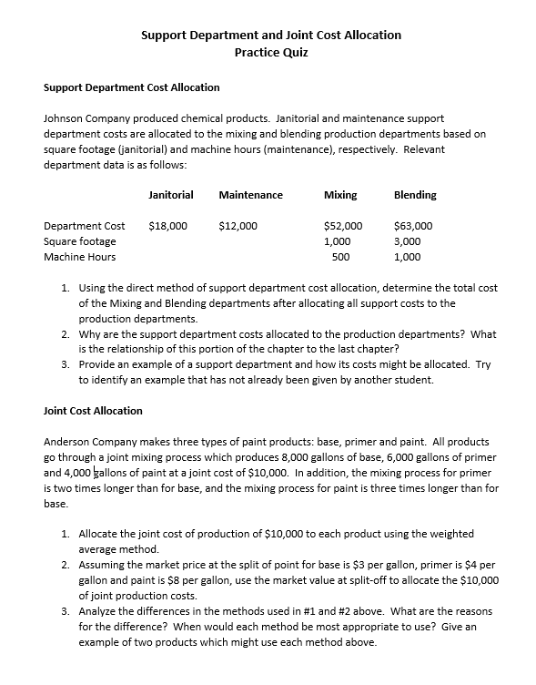 Solved Support Department and Joint Cost Allocation Practice | Chegg.com