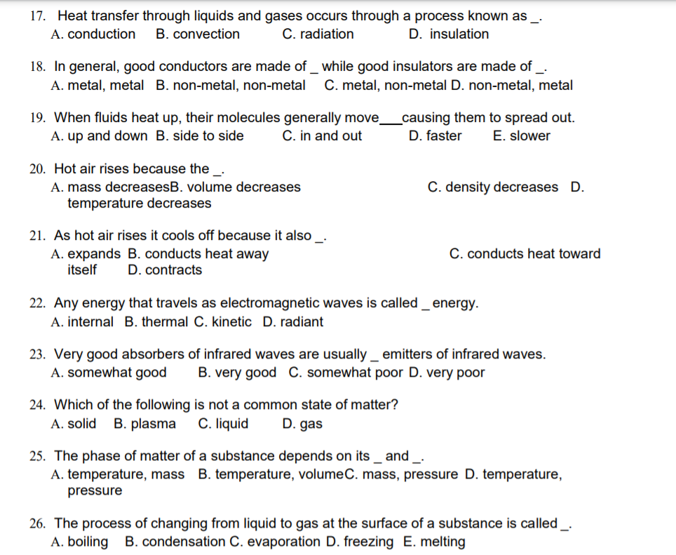 Solved 17 Heat Transfer Through Liquids And Gases Occurs Chegg Com
