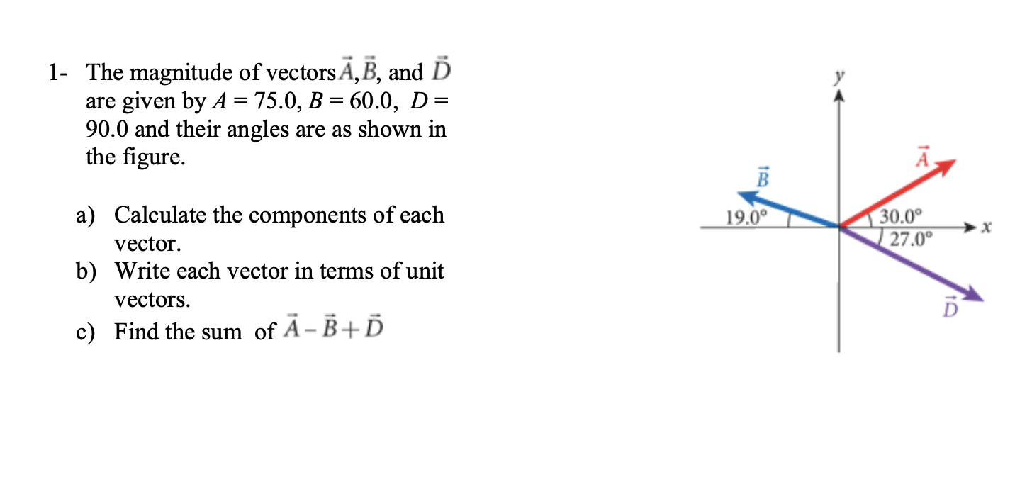 Solved 1- The magnitude of vectors A, B, and D are given by | Chegg.com