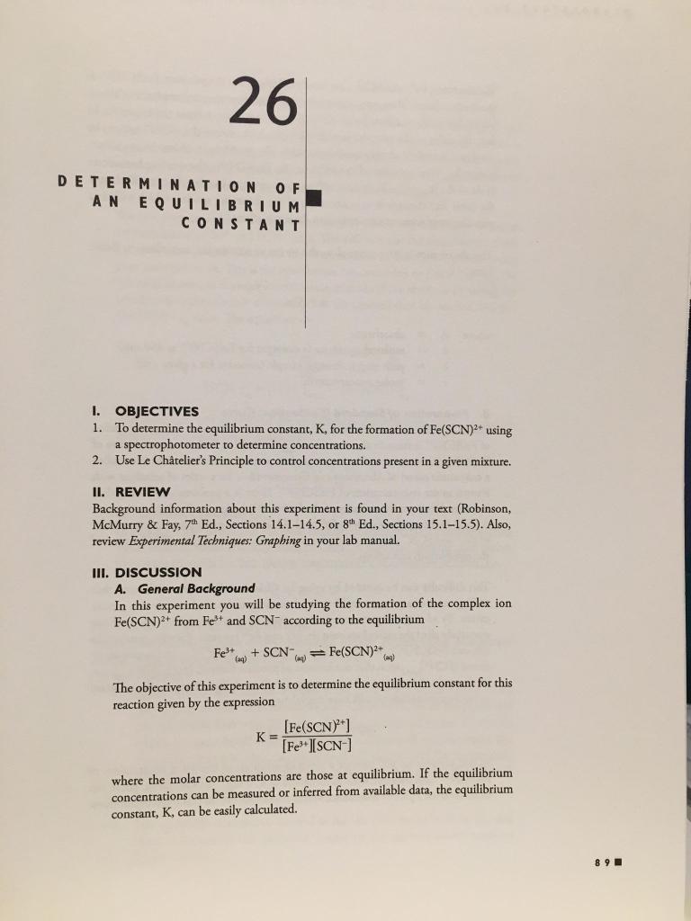 Solved 26 DETERMINATION OF AN EQUILIBRIUM CONSTANT I. | Chegg.com