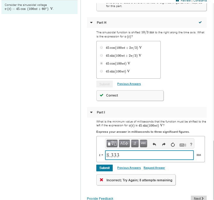 Solved I Review Constants Consider the sinusoidal voltage | Chegg.com
