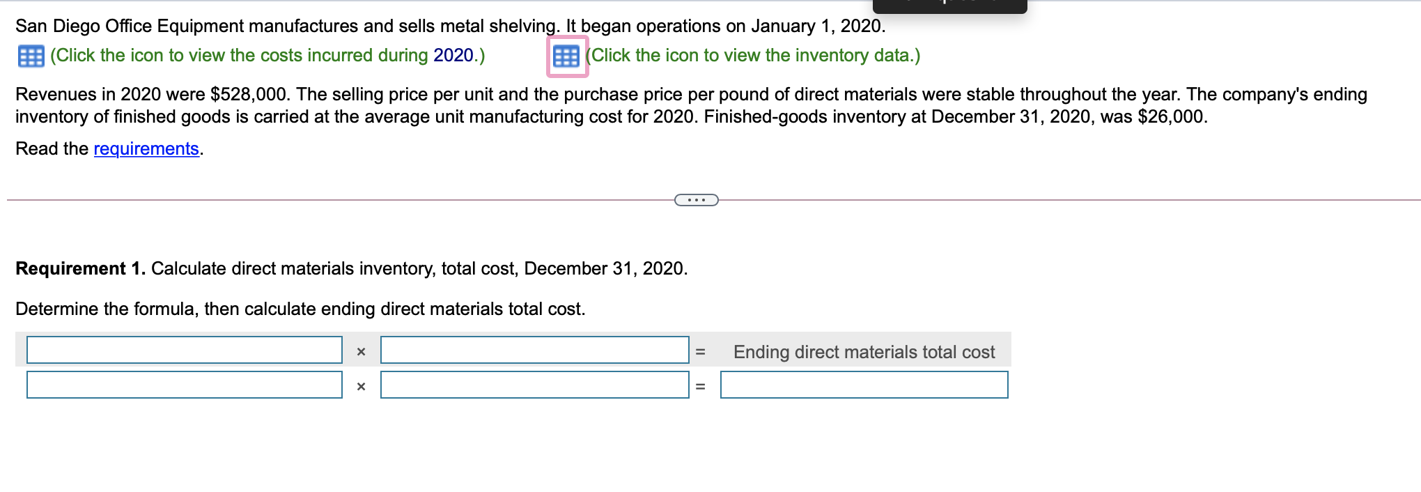 Solved 1. Calculate direct materials inventory, total cost,