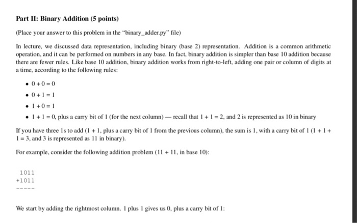 Solved Part II: Binary Addition (5 points) Place your answer | Chegg.com
