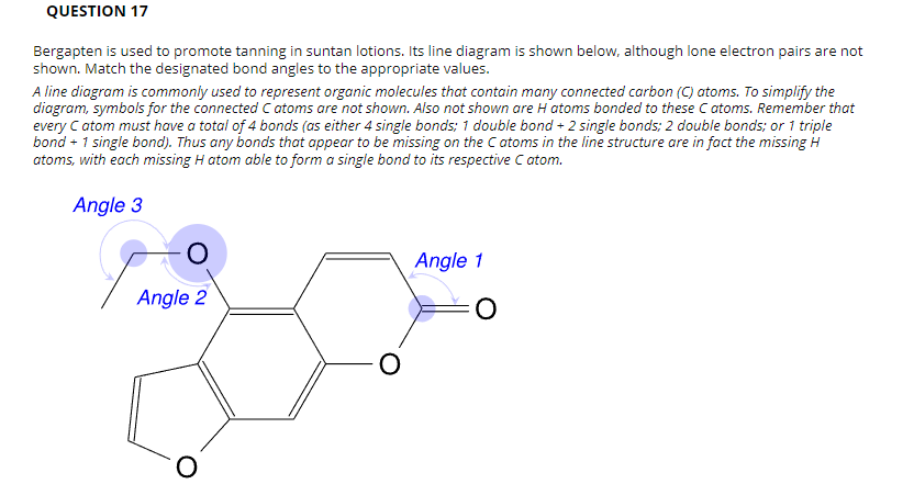 Bergapten is used to promote tanning in suntan lotions. Its line diagram is shown below, although lone electron pairs are not