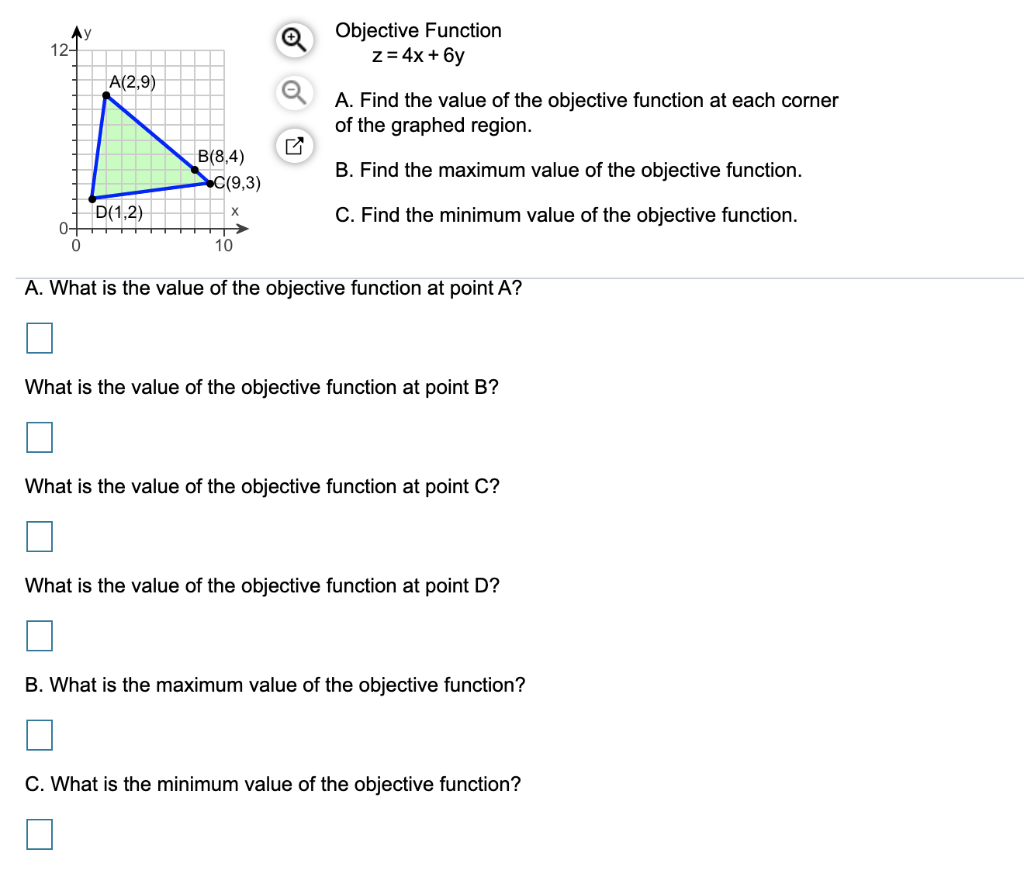 Solved AY 12- Objective Function z= 4x + 6y A(2,9) A. Find | Chegg.com