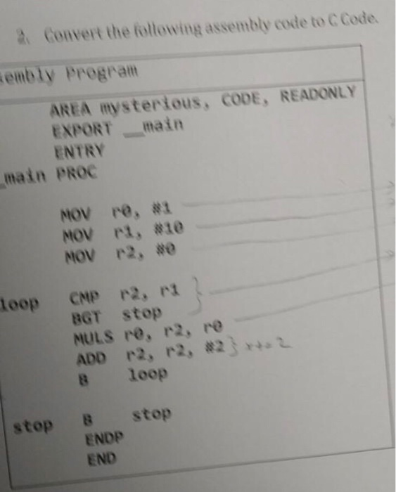Solved 2. Convert the following assembly code to C Code