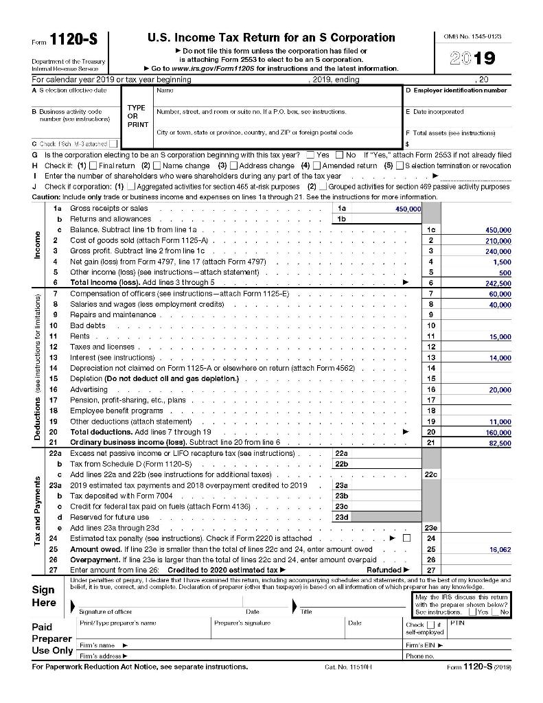 OMB No 1545-0123 Form 1120-S U.S. Income Tax Return for an S Corporation Do not file this form unless the corporation has fil
