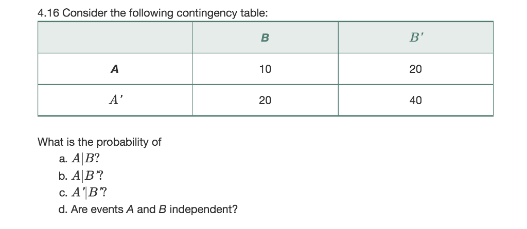 Solved 4.16 Consider The Following Contingency Table: 10 20 | Chegg.com