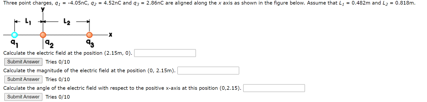 Solved Three point charges, 91 = -4.05nc, 92 = 4.52nC and 93 | Chegg.com