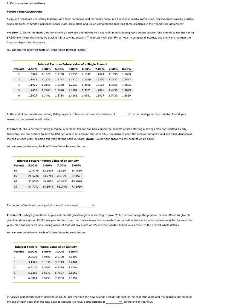 Solved 6. Future Value Calculations Future Value | Chegg.com