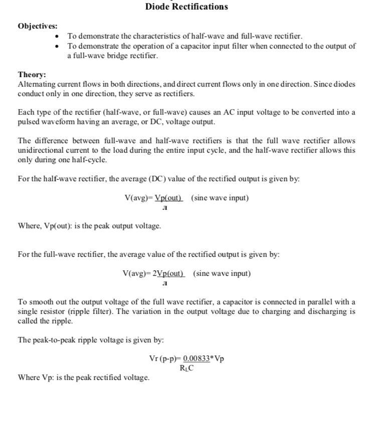 Solved Diode Rectifications Objectives: • To demonstrate the | Chegg.com