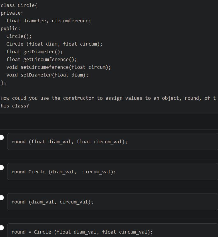 Solved class Circle private: float diameter, circumference; | Chegg.com