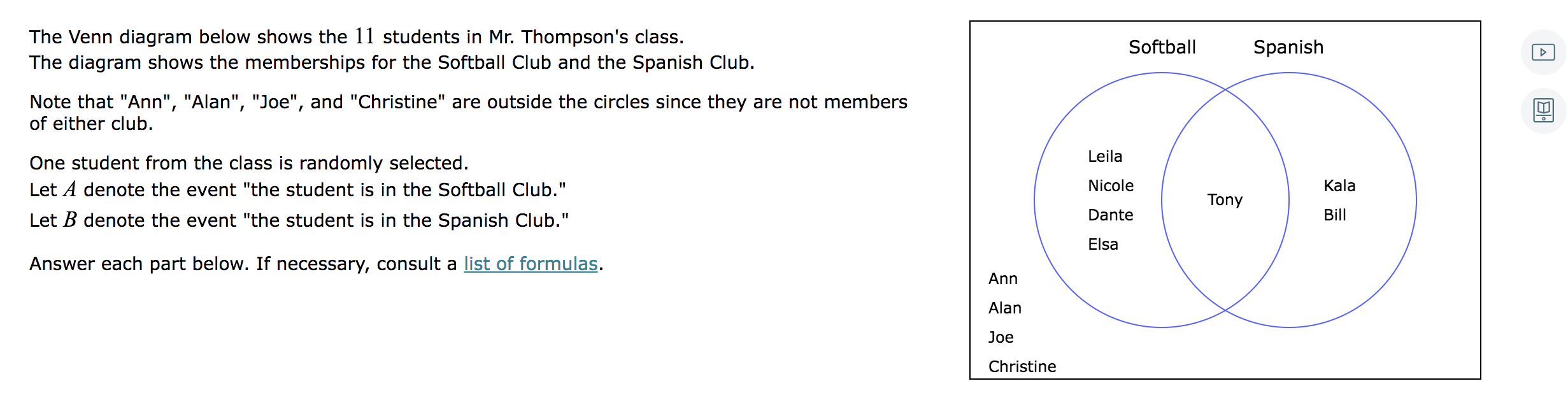 Solved The Venn diagram below shows the 11 students in Mr. | Chegg.com