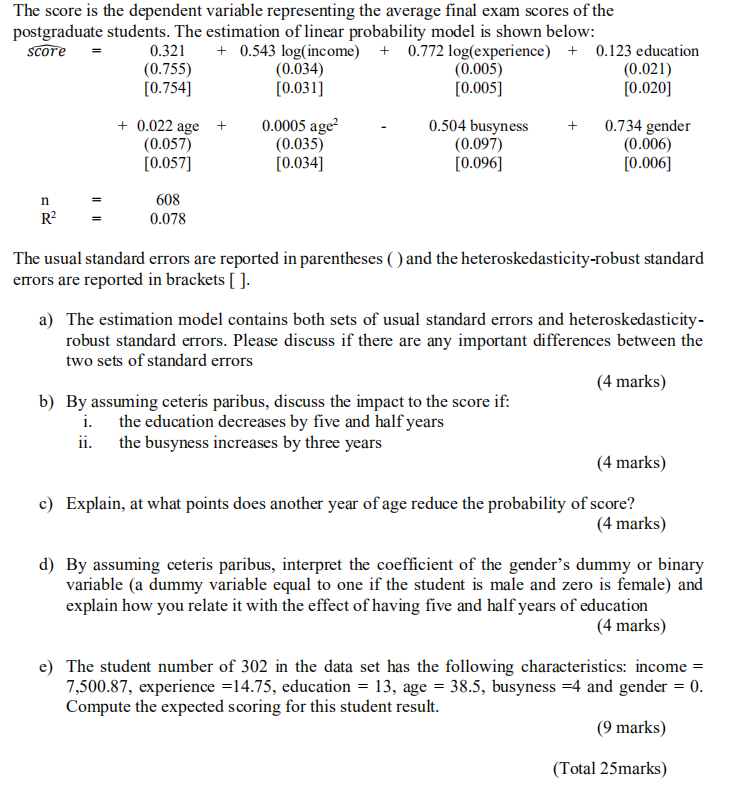 Solved The score is the dependent variable representing the | Chegg.com