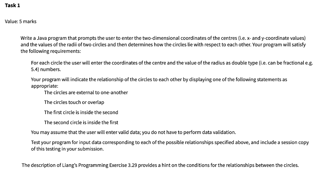 Solved Task 1 Value: 5 marks Write a Java program that | Chegg.com