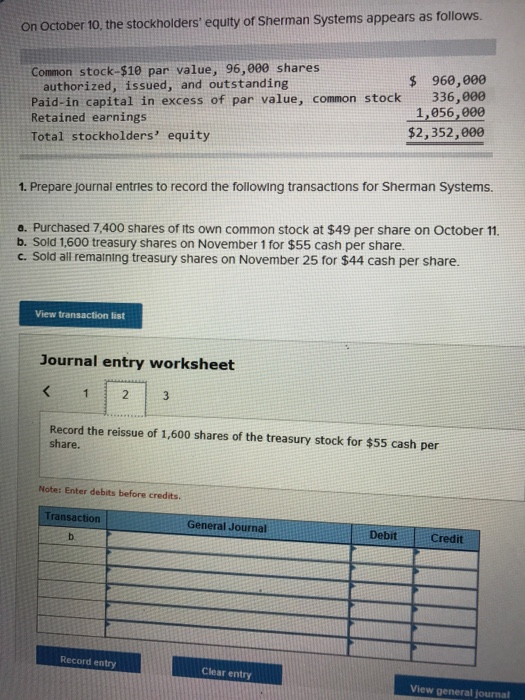 Solved On October The Stockholders Equity Of Sherman Chegg Com