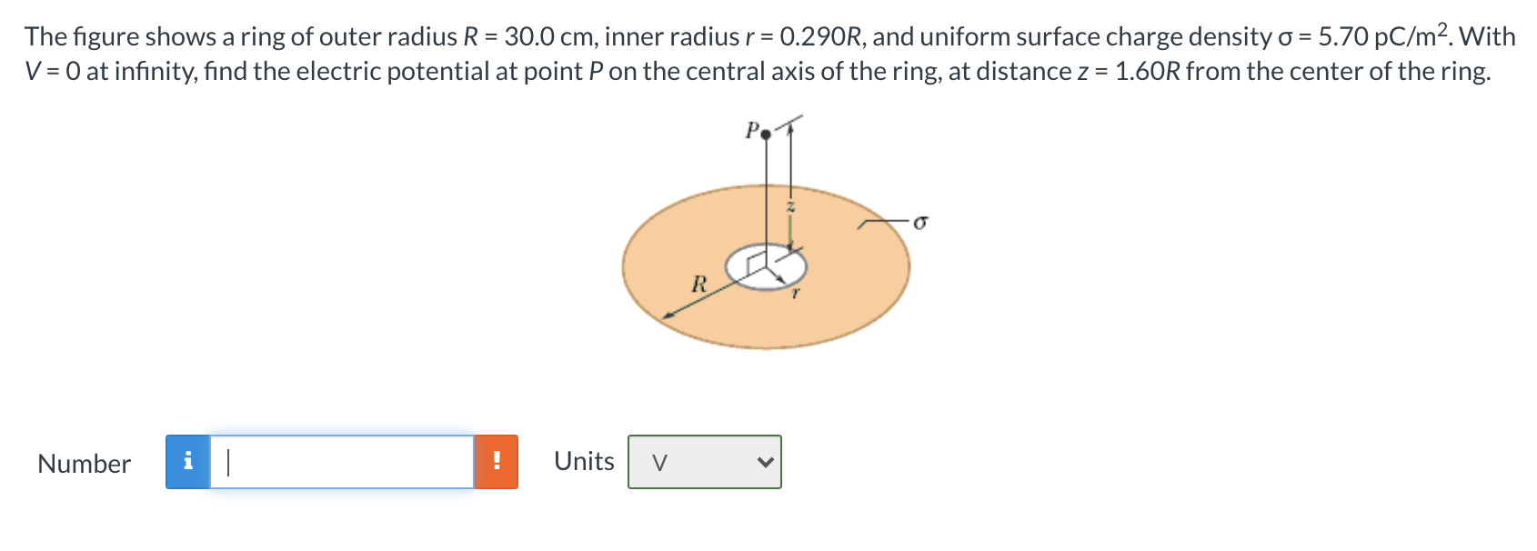 Solved The figure shows a ring of outer radius R = 30.0 cm, | Chegg.com
