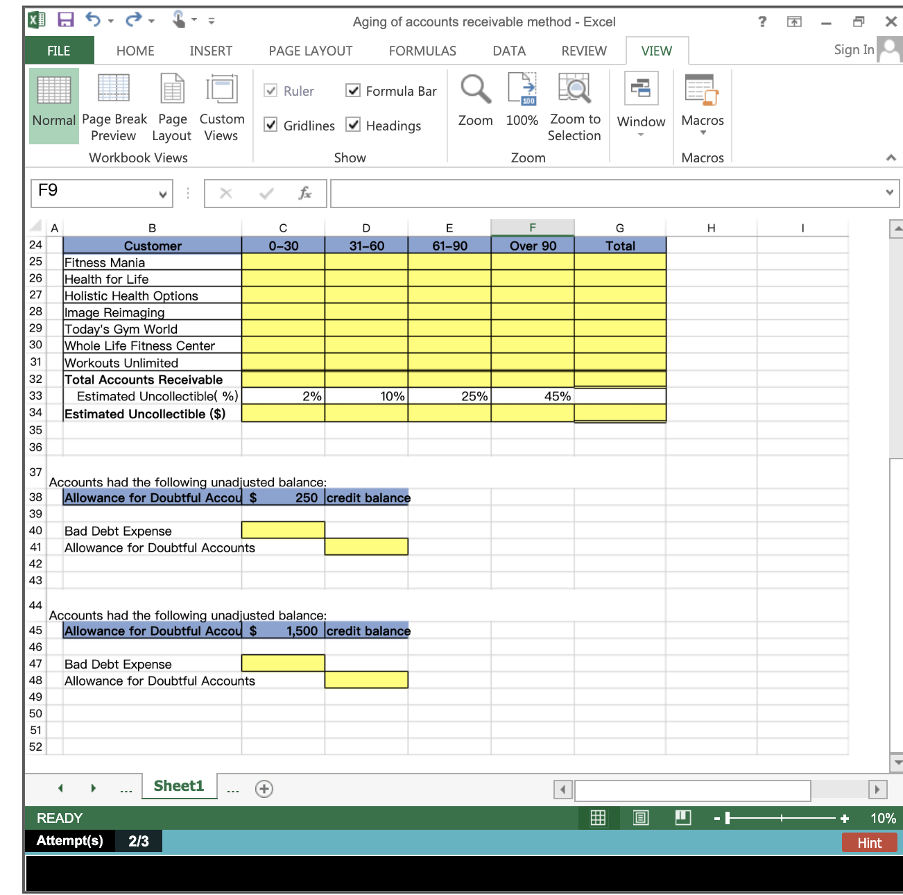 Aging of Accounts Receivable Method using Excel's SUM | Chegg.com