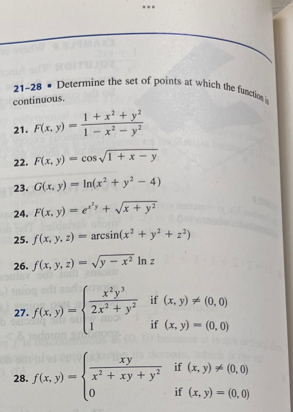 21-28 - Determine the set of points at which the function is continuous. 21. \( F(x, y)=\frac{1+x^{2}+y^{2}}{1-x^{2}-y^{2}} \