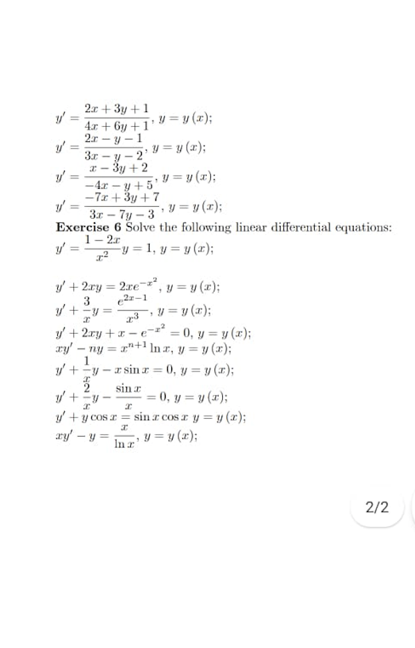 2x + 3y + 1 4.1 + 6y +1 Y=y(x); y 2ar - y-1 3.x - y - 2 y=y (2); 2 - 3y + 2 - 4.c – y +5 y = y(x); -7x + 3y + 7 y = 3.1 - 77