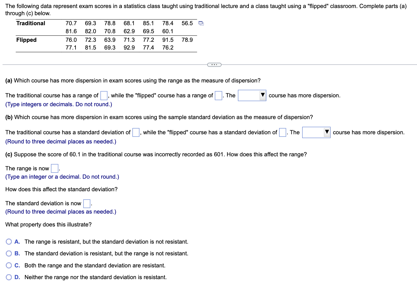 Solved The following data represent exam scores in a | Chegg.com