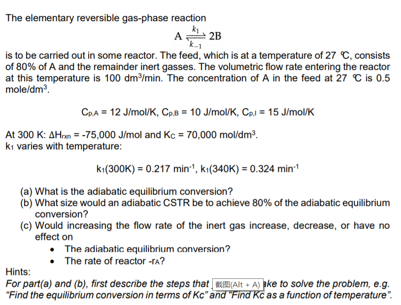 Solved k-1 The elementary reversible gas-phase reaction ki | Chegg.com