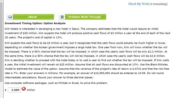 Solved Check My Work (2 Remaining) EBook 1 Problem | Chegg.com