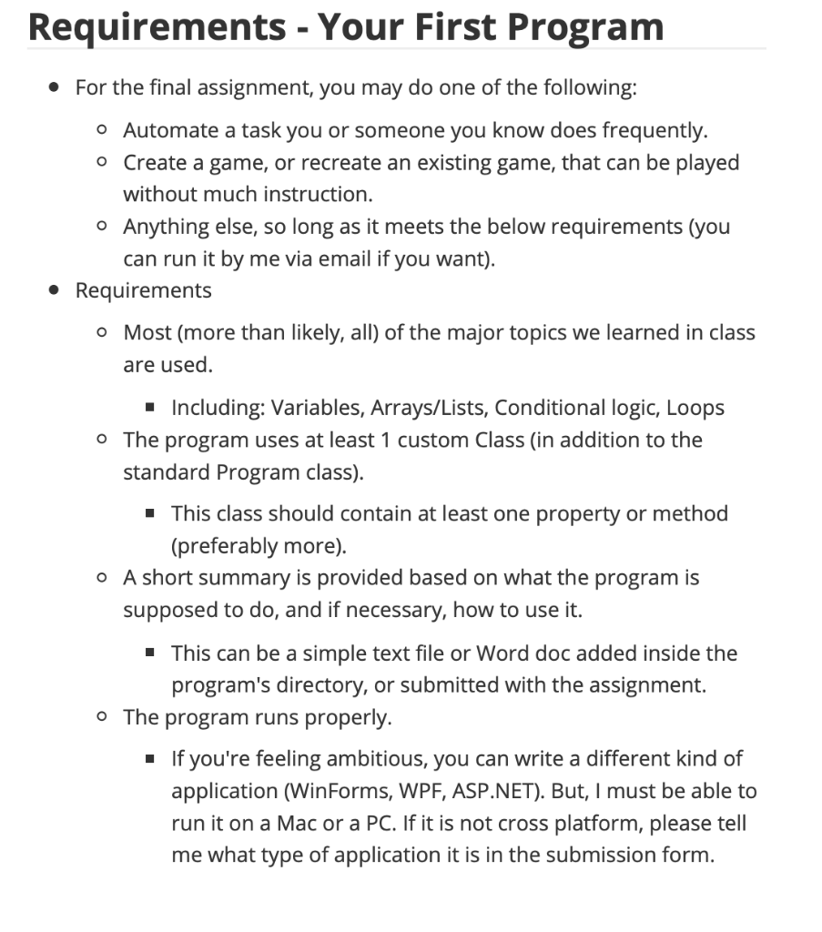 Solved Requirements - Your First Program • For the final | Chegg.com