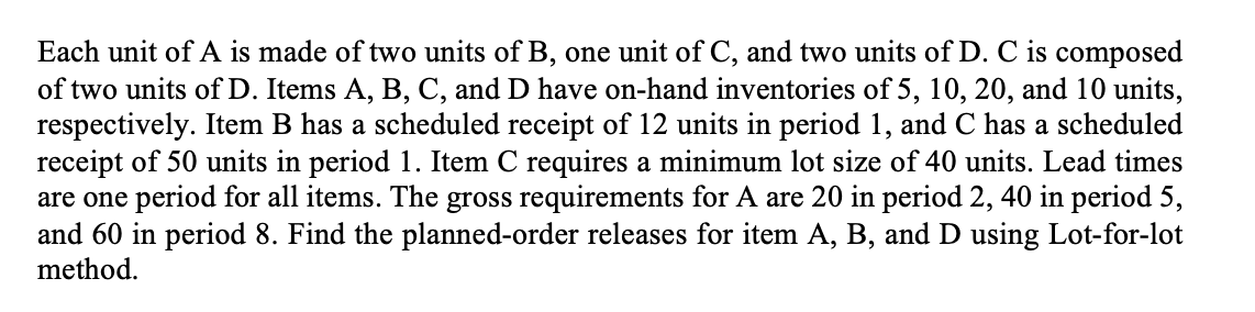 Solved Each unit of A is made of two units of B, one unit of | Chegg.com