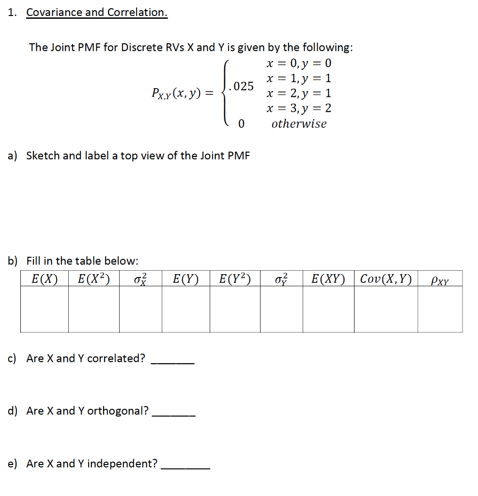 Solved 1. Covariance and Correlation. The Joint PMF for | Chegg.com