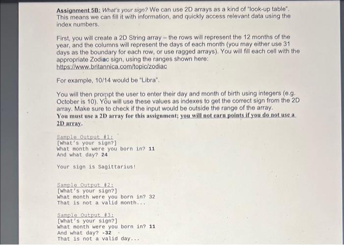 Assignment 5B: What's your sign? We can use 2D arrays | Chegg.com