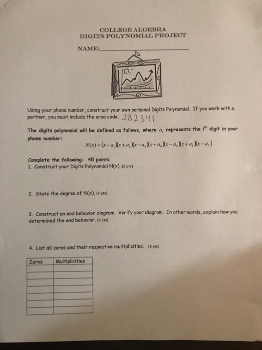 Solved COLLEGE ALGEBRA DIGITS POLYNOMIAL PROJECT NAME Using | Chegg.com