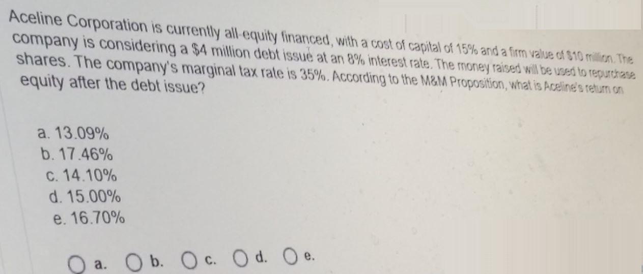Solved Aceline Corporation is currently all-equity financed, | Chegg.com