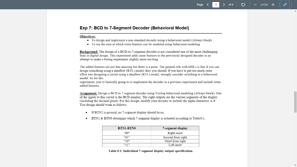 Exp 7: BCD to 7-Segment Decoder (Behavioral Model)
Obiectives:
- To design and implement a non-standard decoder using a behav