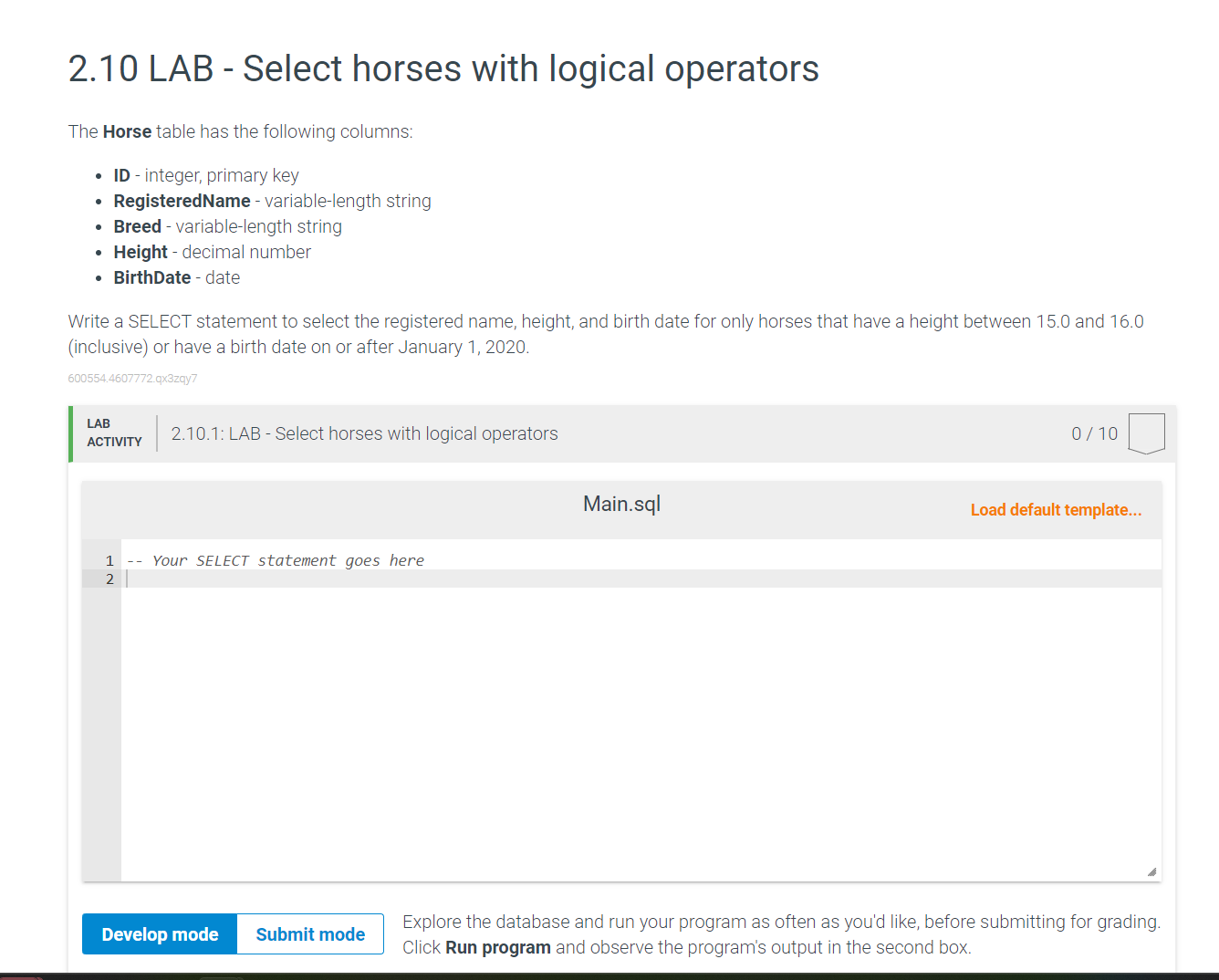 Lab Select Solved 2.10 LAB - Select horses with logical operatorsThe | Chegg.com