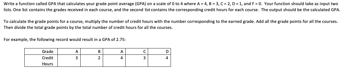 Solved Write a function called GPA that calculates your | Chegg.com